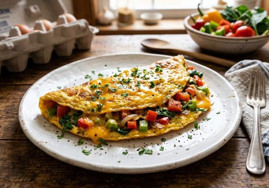A close-up view of a freshly cooked, golden-brown vegetarian omelette folded on a white plate. The omelette is filled with melted cheddar cheese, chopped red and green bell peppers, spinach, and caramelized onions, with fresh parsley sprinkled on top. It sits on a rustic wooden table alongside a fork, a linen napkin, a carton of eggs, and a bowl of fresh vegetables in the background.