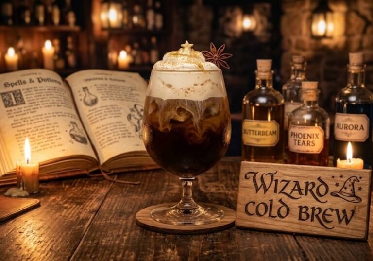 Realistic photo of a magical wizard cold brew coffee cocktail in a glass goblet with fluffy cream foam, gold glitter, and star anise, sitting next to a wooden sign reading "Wizard Cold Brew" on a rustic tavern table surrounded by potion bottles and an open spellbook.