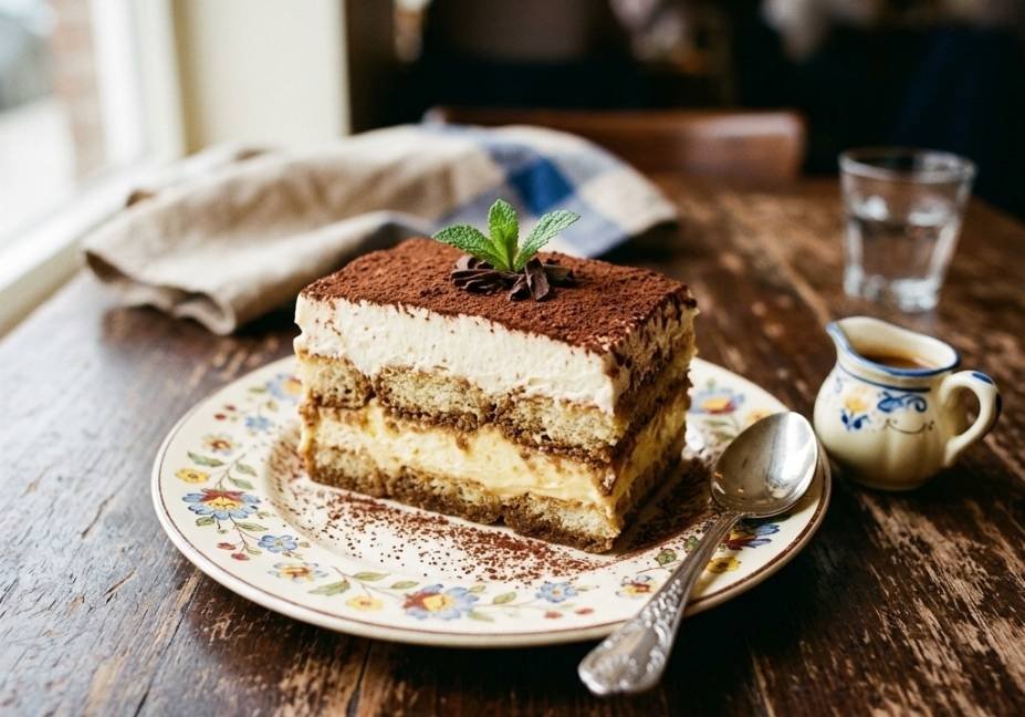 A slice of layered tiramisu on a vintage floral porcelain plate with a silver spoon next to it, set on a dark rustic wooden table inside a cozy coffee house.
