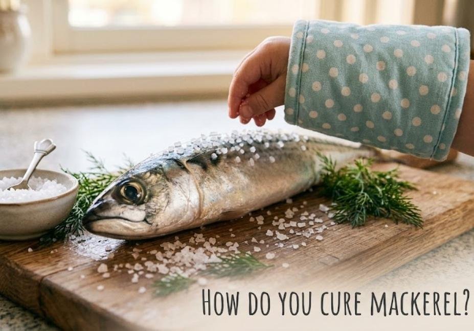 A person's hand wearing a blue polka-dot mitt sprinkling coarse sea salt over a fresh mackerel fish on a wooden board in a cozy kitchen setting, with the text "HOW DO YOU CURE MACKEREL?" displayed at the bottom right.