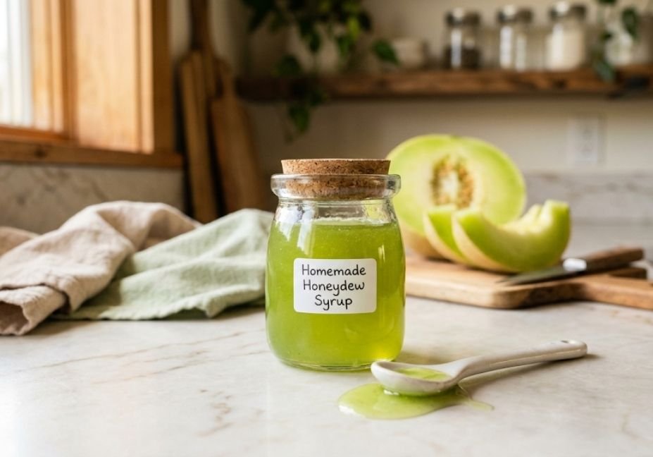 "A jar of vibrant green homemade honeydew melon syrup sitting on a marble kitchen counter next to a spoon with a syrup drip."