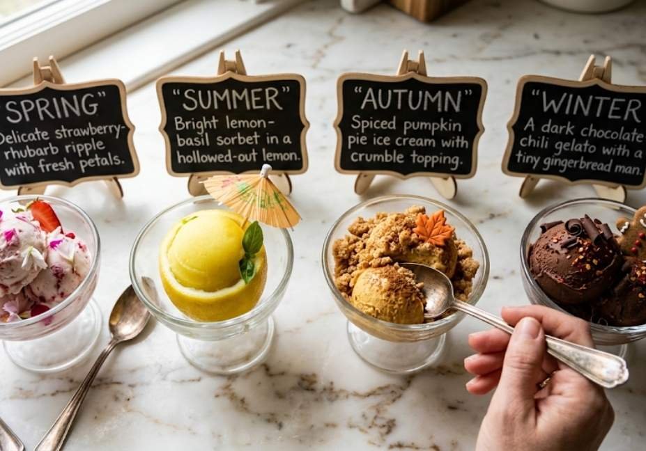An overhead shot of four glass dessert bowls containing seasonal ice creams with matching mini chalkboard signs labeled Spring, Summer, Autumn, and Winter on a marble counter.
