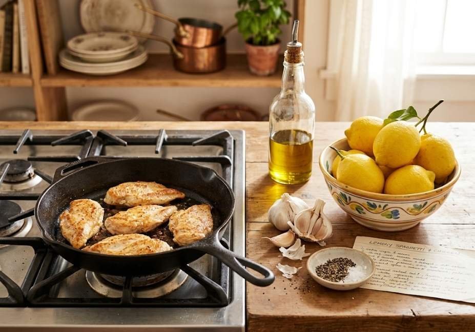 A rustic kitchen counter scene with chicken breasts searing in a cast-iron skillet on the stove, next to a bowl of lemons, garlic, olive oil, and a handwritten recipe card.