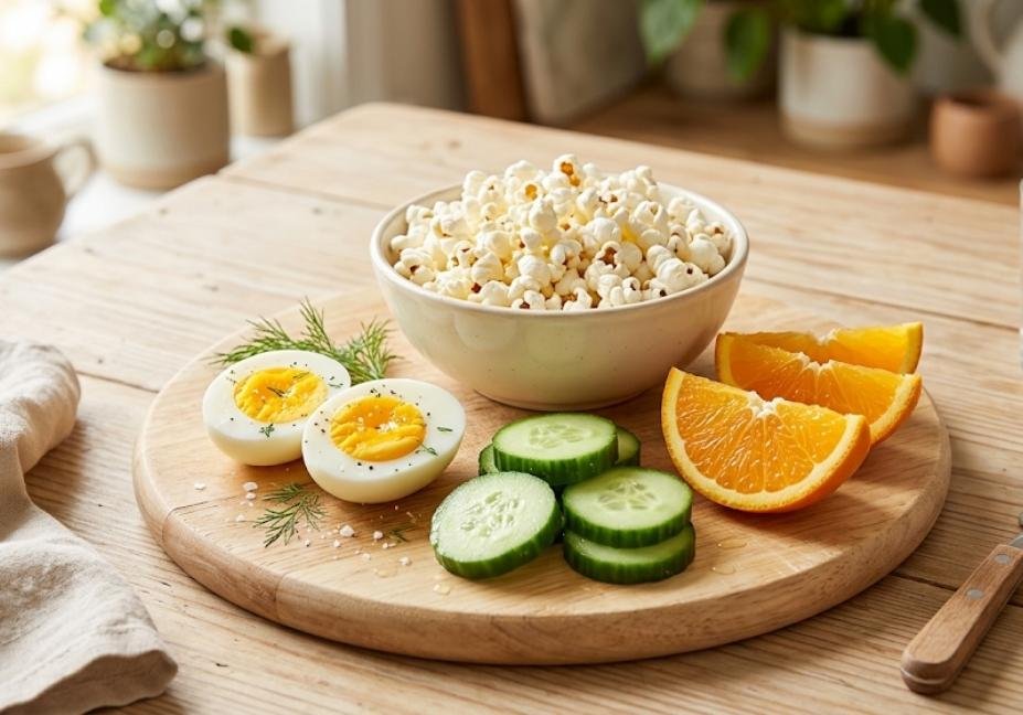 A top-down view of a light wooden snack board displaying a hard-boiled egg sliced in half, a white bowl of air-popped popcorn, fresh orange segments, and cucumber slices.