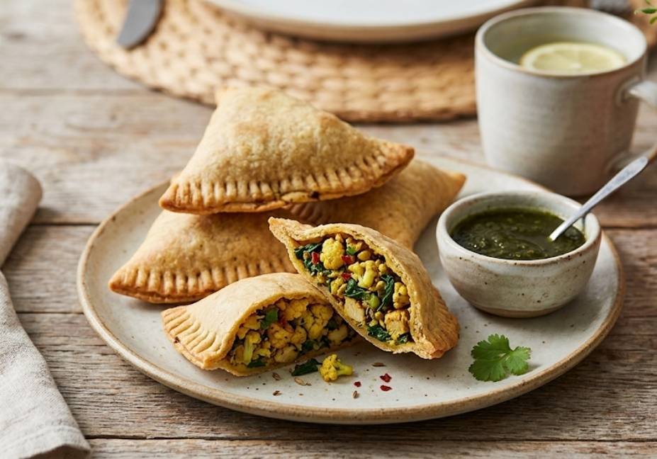 A plate of crispy, low-carb samosas with one cut open to show a vibrant filling of spiced cauliflower and green vegetables, served with green chutney on a wooden table.