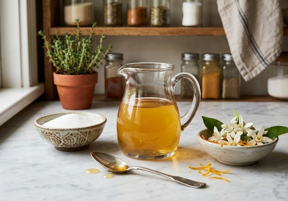 A clear glass pitcher filled with golden orange blossom syrup placed next to two small ceramic bowls containing sugar and fresh orange blossoms with zest on a kitchen marble countertop.
