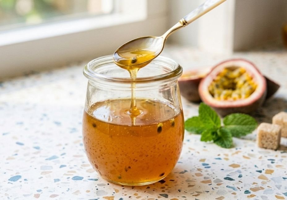 Gold spoon dripping golden passion fruit simple syrup into a glass jar on a light terrazzo countertop.