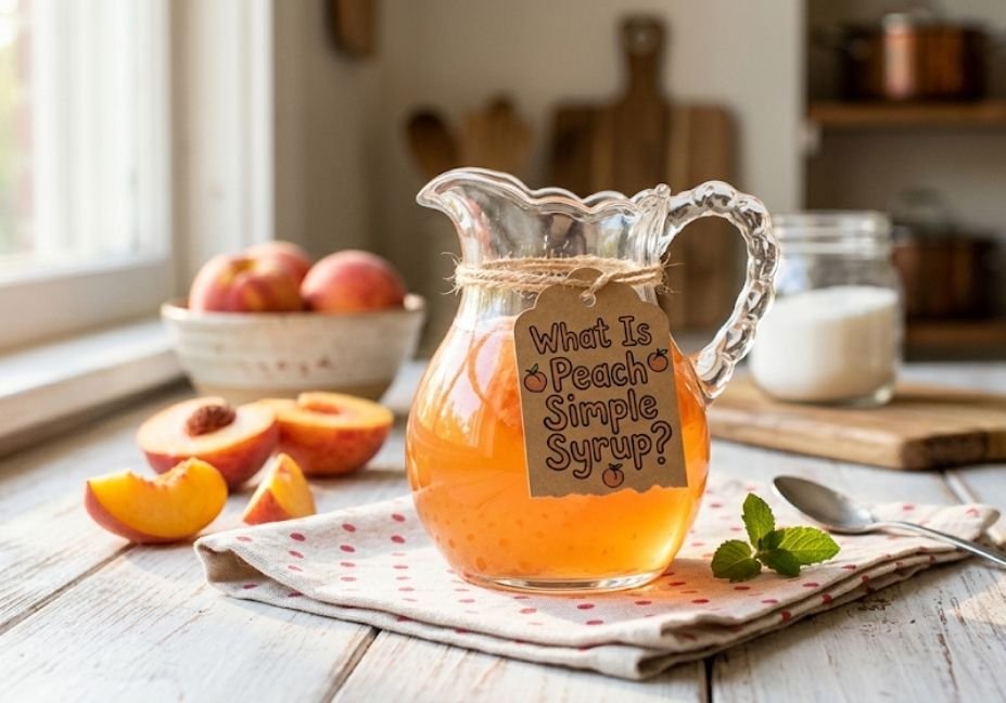 A small glass pitcher filled with golden peach syrup sitting on a kitchen counter in soft sunlight, wrapped with a tag that reads "What Is Peach Simple Syrup?