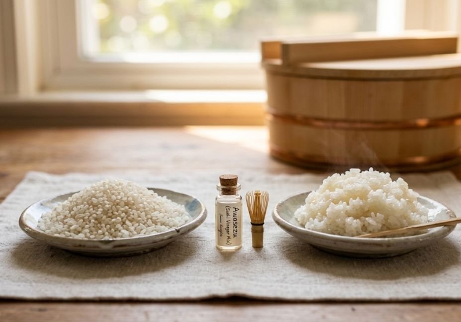 Side-by-side ceramic dishes showing a comparison of raw, pearlescent short-grain Japanese rice next to cooked, seasoned sushi rice on a linen mat near a wooden hangiri tub.