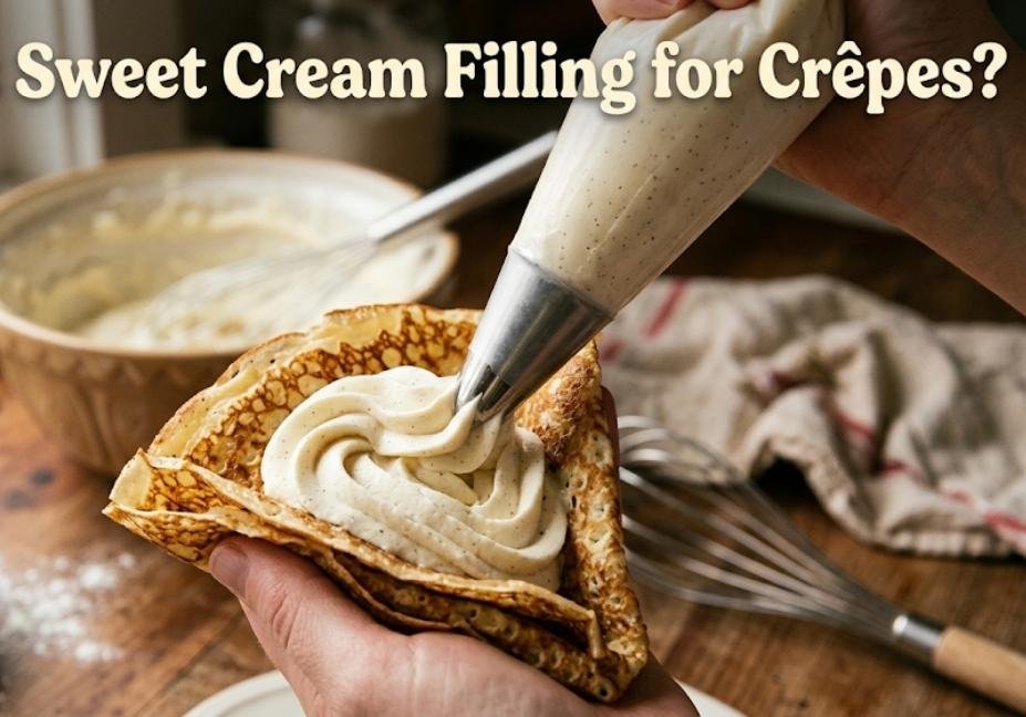 Close-up view of fluffy vanilla sweet cream being piped into a folded golden crêpe, set against a cozy kitchen background with the overlay title "Sweet Cream Filling for Crêpes?"