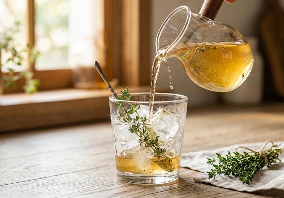 Golden thyme simple syrup being poured from a glass mini-pitcher into a glass tumbler filled with ice cubes and a fresh sprig of thyme on a rustic wooden table.