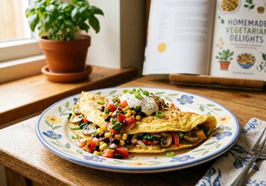 A freshly prepared vegetarian omelette served on a floral-patterned white plate. The omelette is topped with a bright salsa made of diced tomatoes, black beans, corn, chopped green onions, and a dollop of sour cream. It rests on a wooden table next to a fork, knife, glass of water, a potted basil plant, and an open cookbook in the background