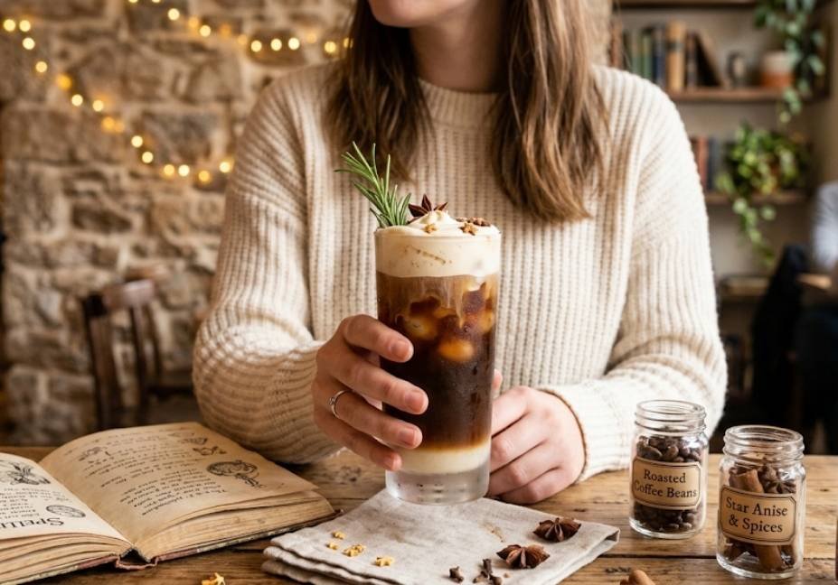 Faceless shot of a person in a cream sweater holding a tall, frosted glass of layered iced cold brew coffee topped with cream and a rosemary sprig, seated at a cozy coffee shop table with ingredient jars and an open vintage book.