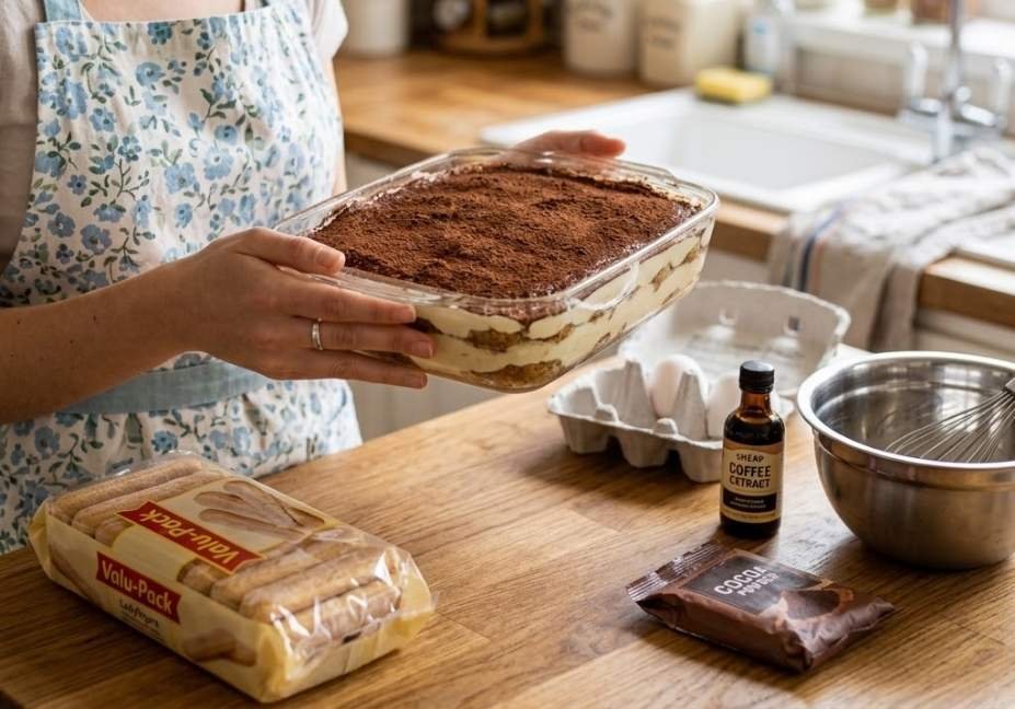  A woman in a floral apron holding a glass baking dish filled with homemade tiramisu over a wooden kitchen counter with ladyfingers, eggs, and cocoa powder.   
