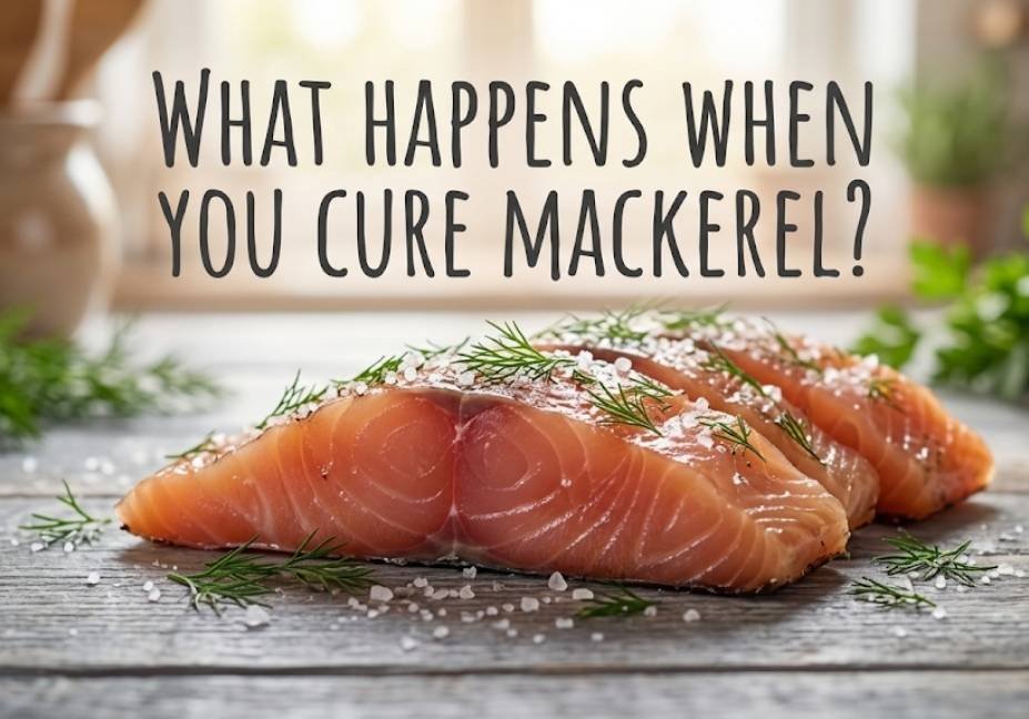 Close-up view of a cured, firm-textured mackerel fillet sliced on a wooden board with fresh dill and salt crystals nearby, with the headline "WHAT HAPPENS WHEN YOU CURE MACKEREL?" written in stylized text across the top.