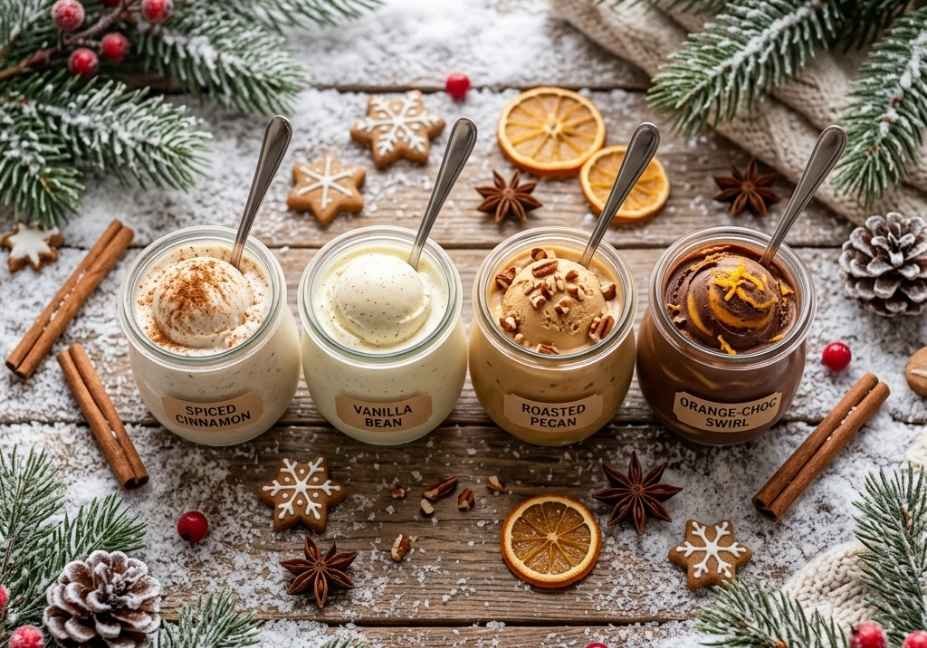A top-down shot of four small glass jars labeled Spiced Cinnamon, Vanilla Bean, Roasted Pecan, and Orange-Choc Swirl on a snow-dusted wooden surface with pine branches and dried orange slices