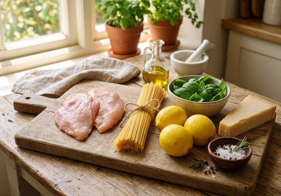 Fresh ingredients arranged on a wooden cutting board, including raw chicken cutlets, a bundle of uncooked spaghetti tied with twine, whole lemons, fresh basil, and a wedge of parmesan cheese near a sunlit window.