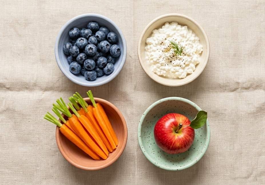 A flat-lay arrangement on a beige linen surface showing four small ceramic dishes neatly filled with blueberries, cottage cheese, fresh mini carrots, and a red apple