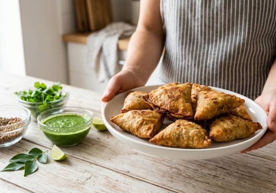 A rustic wooden surface holds a plate of small, golden low-carb samosas with a side of green dip and a spoon. In the background, visible ingredients like a lime half, cilantro, a tiny spoon, and a glass bowl of spice mix emphasize the healthy, homemade nature of the food.
