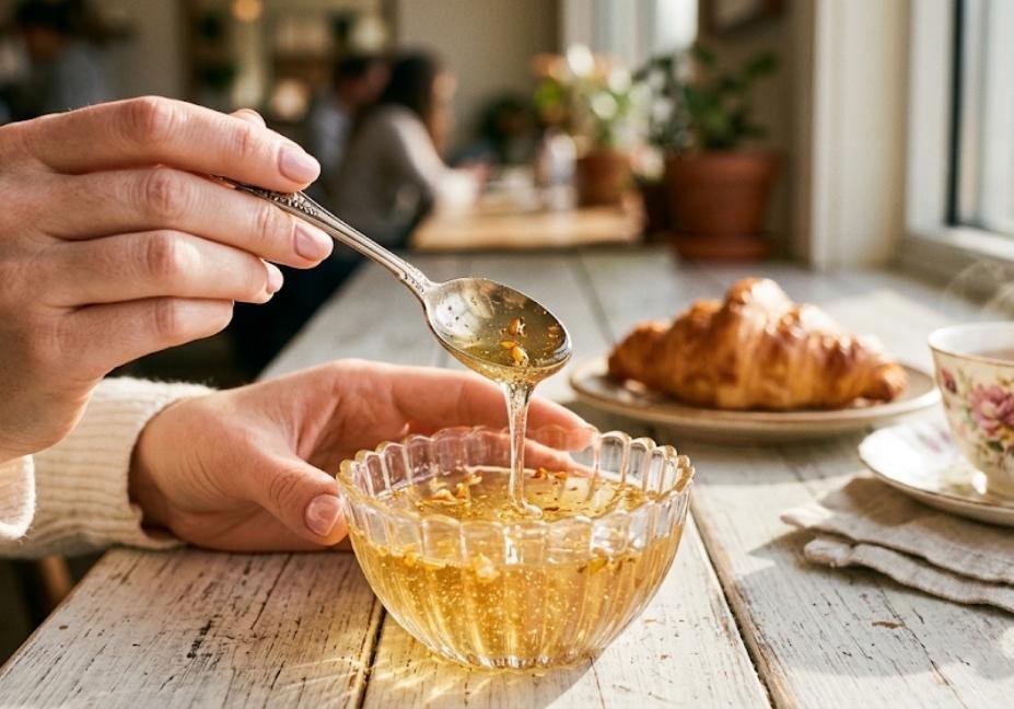 A close-up view of a spoon dripping golden orange blossom syrup into a glass bowl, set against a cozy cafe background with a fresh croissant and tea.