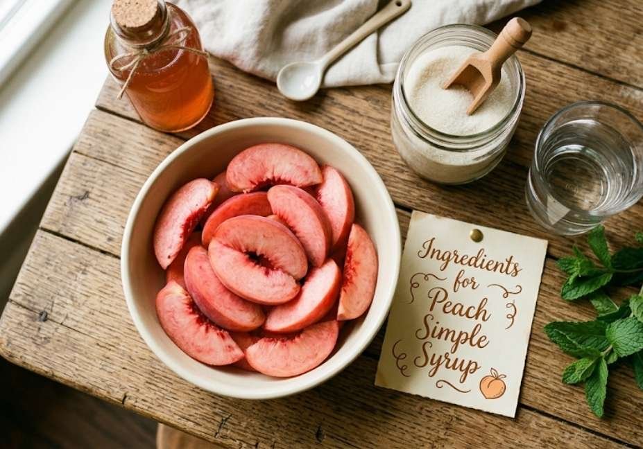 An overhead view of a wooden table displaying a bowl of sliced fresh peaches, a jar of sugar with a scoop, a glass of water, fresh mint, and a handwritten note reading "Ingredients for Peach Simple Syrup".