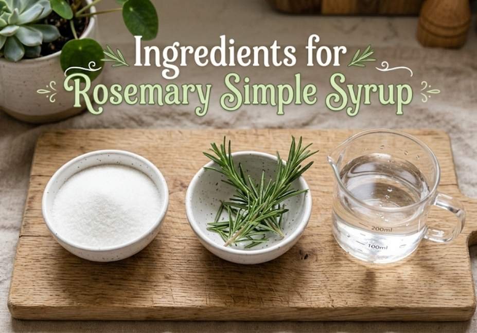 A flat-lay arrangement on a wooden cutting board featuring a bowl of white sugar, a bowl of fresh rosemary sprigs, a glass measuring cup with clear water, and a small brass spoon, with the title "Ingredients for Rosemary Simple Syrup".