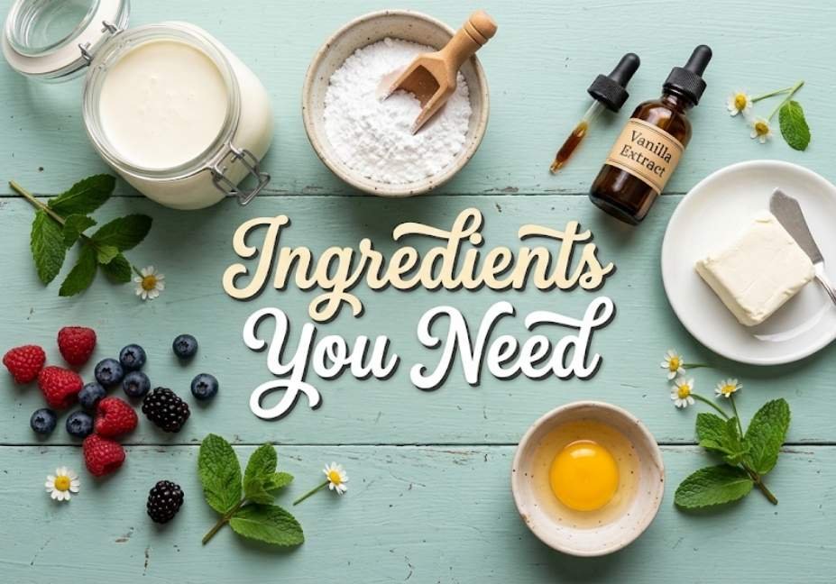Flat-lay view on a pale tabletop displaying cream filling ingredients, including a jar of heavy cream, powdered sugar, vanilla extract, cream cheese, an egg yolk, fresh berries, and mint around the title "Ingredients You Need"