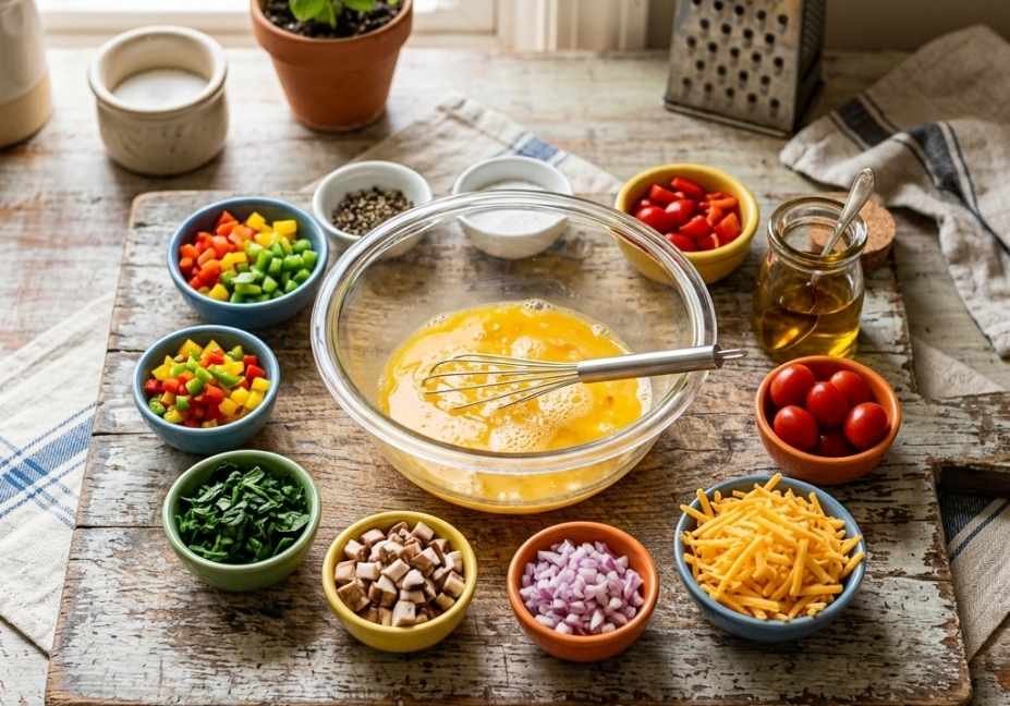 A top-down flat-lay shot of ingredients organized on a weathered wooden cutting board. In the center sits a large glass bowl with whisked eggs and a metal whisk. Surrounding the bowl are small colorful ceramic dishes containing chopped bell peppers, spinach, diced mushrooms, red onions, cherry tomatoes, shredded cheese, and a jar of olive oil