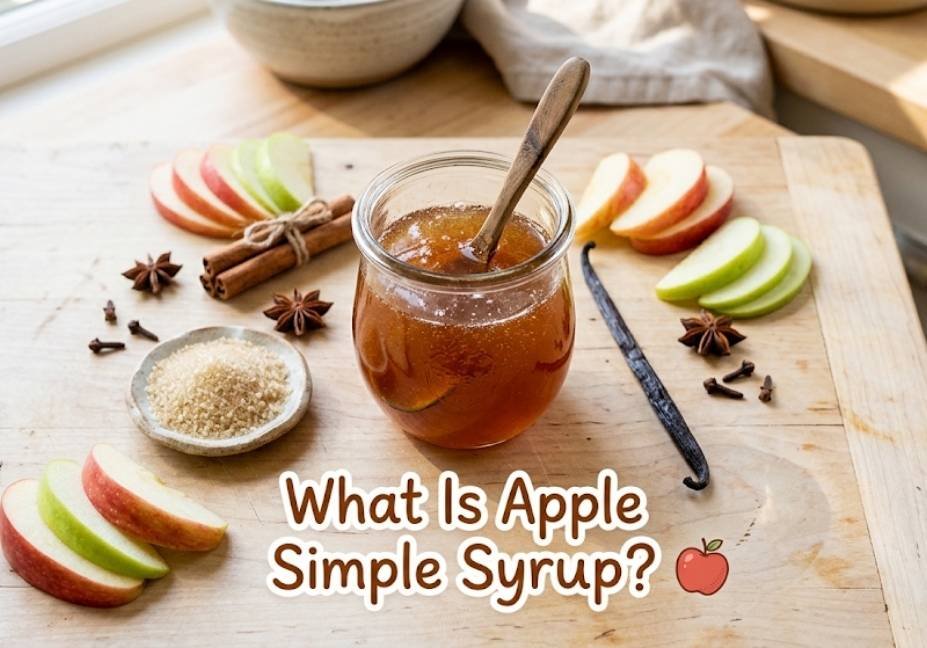 : A top-down photograph on a light wood surface featuring a glass jar of amber simple syrup with a wooden spoon, surrounded by apple slices, cinnamon sticks, star anise, cloves, sugar, and a vanilla bean, with text reading "What Is Apple Simple Syrup?" and a small apple icon.