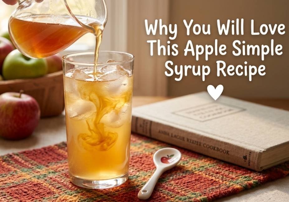 A close-up photograph of apple simple syrup being poured into a tall glass of iced apple cider on a red plaid placemat, next to a cute ceramic spoon, a vintage cookbook, and a basket of fresh red apples, titled "Why You Will Love This Apple Simple Syrup Recipe" with a heart icon.