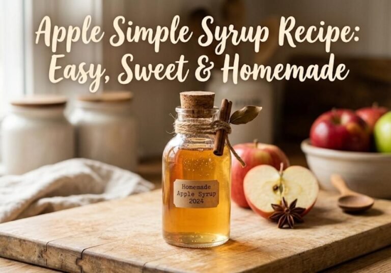 A close-up, warm natural light photograph of a glass bottle containing amber-colored homemade apple simple syrup on a wooden cutting board with sliced red apples and star anise, titled "Apple Simple Syrup Recipe: Easy, Sweet & Homemade" in a white script font.