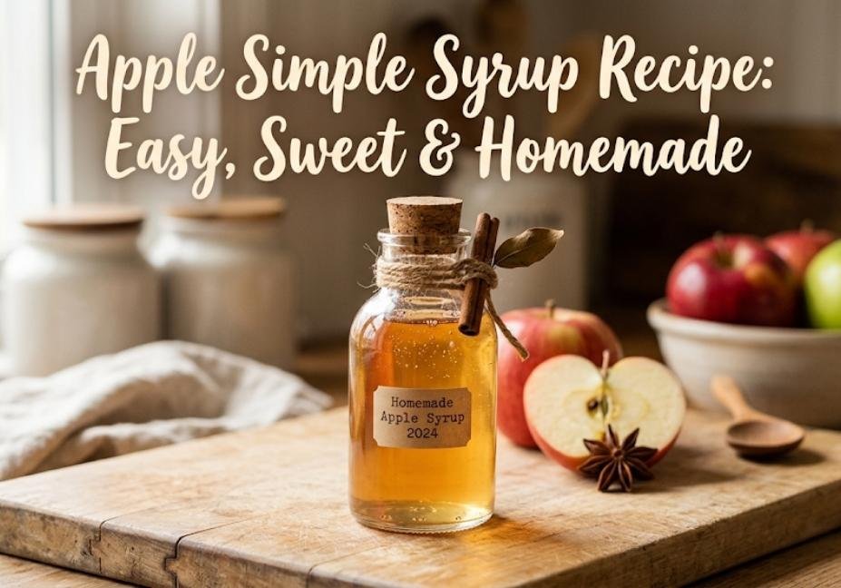 A close-up, warm natural light photograph of a glass bottle containing amber-colored homemade apple simple syrup on a wooden cutting board with sliced red apples and star anise, titled "Apple Simple Syrup Recipe: Easy, Sweet & Homemade" in a white script font.