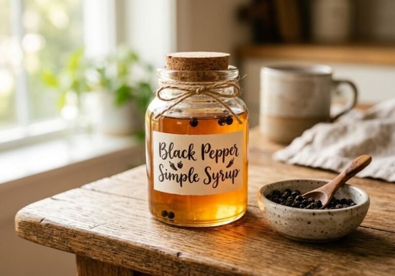 A glass jar of amber-colored homemade black pepper simple syrup with a cute label reading "Black Pepper Simple Syrup" resting on a rustic wooden table next to a bowl of black peppercorns.