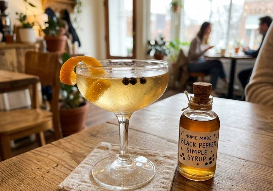 A golden cocktail in a vintage coupe glass garnished with orange peel and peppercorns, sitting next to a cute bottle of black pepper simple syrup in a warm café setting.
