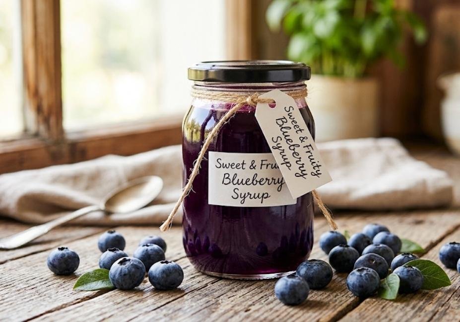 A glass jar filled with deep purple blueberry simple syrup labeled "Sweet & Fruity Blueberry Syrup," surrounded by fresh blueberries on a rustic wooden table by a sunny window.