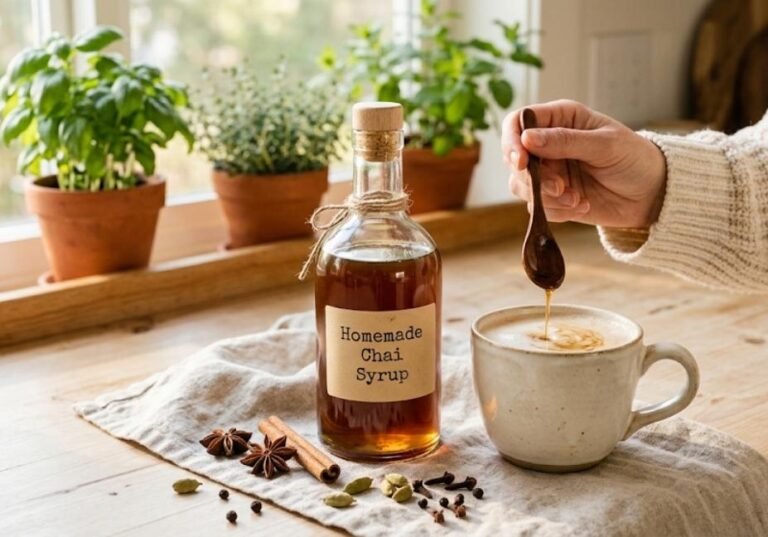 A bottle of homemade chai simple syrup with a handwritten label next to a mug of chai latte, surrounded by cinnamon sticks, star anise, and cardamom on a cozy wooden kitchen counter.