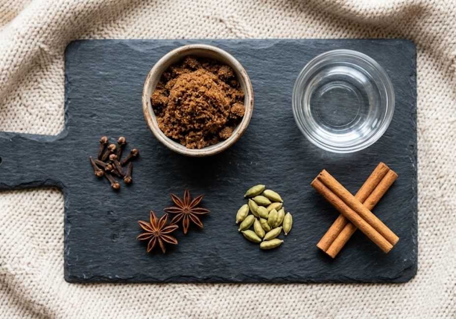 Overhead view of raw chai syrup ingredients—brown sugar, water, cinnamon sticks, cardamom pods, star anise, and whole cloves—arranged neatly on a slate board over a knit blanket.