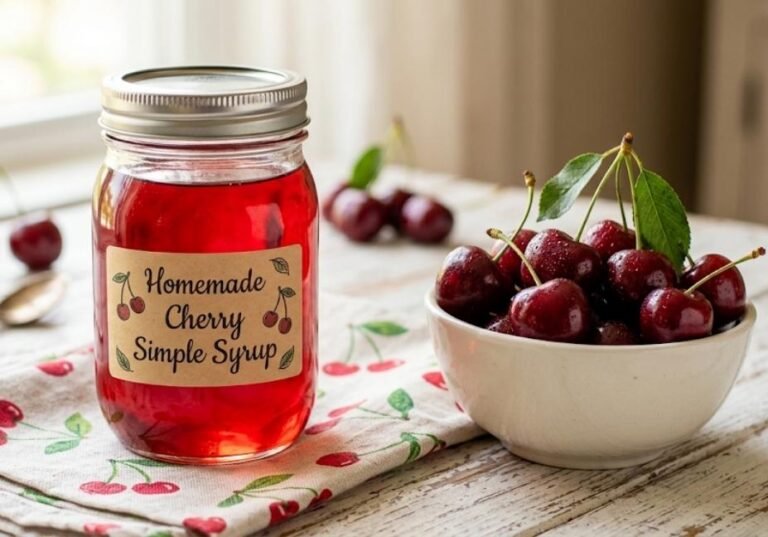 A glass mason jar labeled "Homemade Cherry Simple Syrup" filled with bright red syrup next to a bowl of fresh dark cherries on a rustic wooden table.