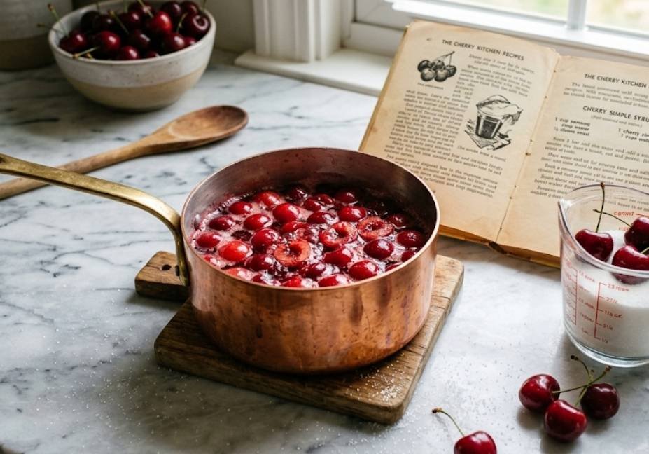 A small copper saucepan simmering cherry syrup on a marble countertop with fresh cherries, sugar in a measuring cup, and an open recipe book.