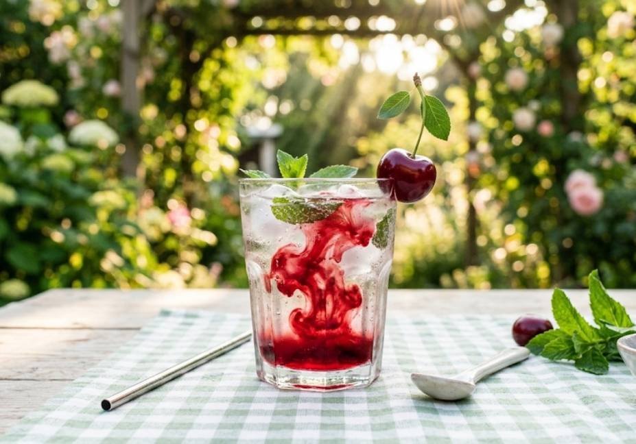 A glass of iced sparkling water garnished with mint and fresh cherries, showing a deep red cherry syrup swirl on an outdoor garden table.