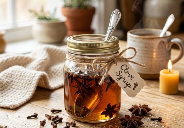 A small glass jar of golden-amber clove syrup tied with a burlap twine tag reading "Clove Syrup," surrounded by whole cloves, star anise, and sugar on a rustic wooden table next to a warm candle.