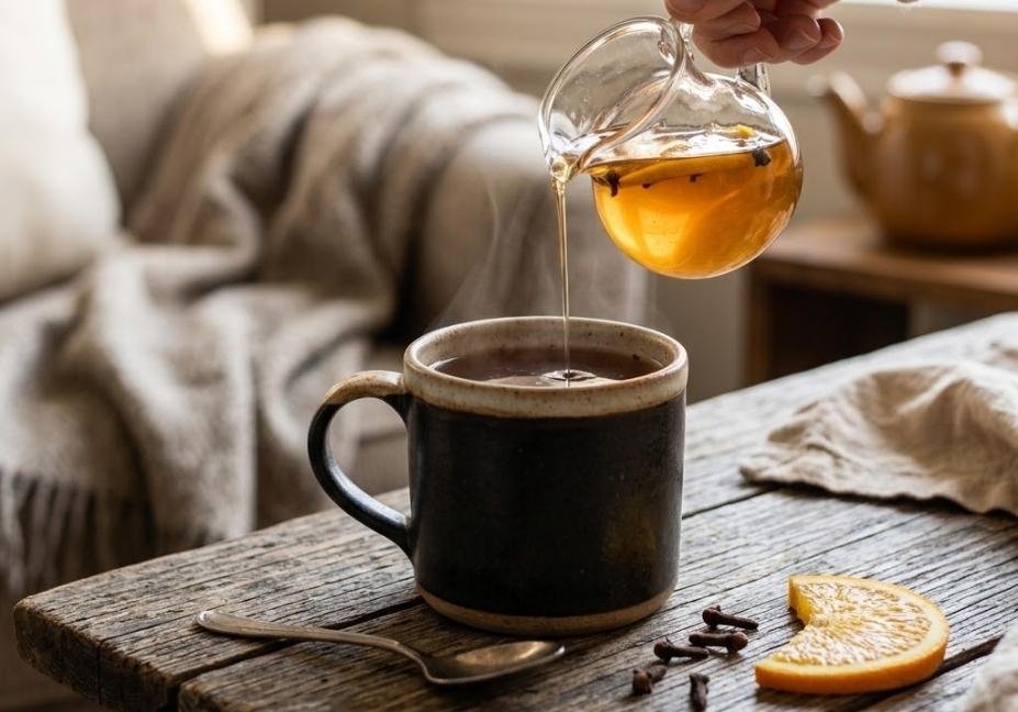 A close-up view of simple ingredients on a wooden surface, including a speckled ceramic bowl filled with dried whole cloves, a clear glass pitcher of water, and a glass bowl of white sugar.