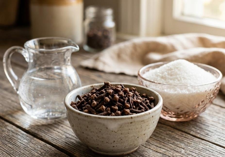 A hand wearing a cozy sweater sleeve drizzling golden clove syrup from a small glass pitcher into a warm ceramic mug on a wooden table alongside a slice of orange and whole cloves.