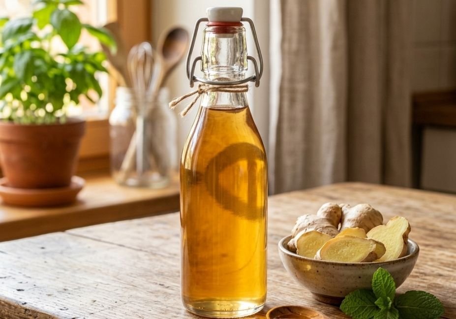 A glass swing-top bottle of golden amber ginger simple syrup sitting on a rustic wooden table next to a small bowl of sliced ginger root, a wooden spoon with syrup drips, and fresh mint leaves in a sunlit kitchen.