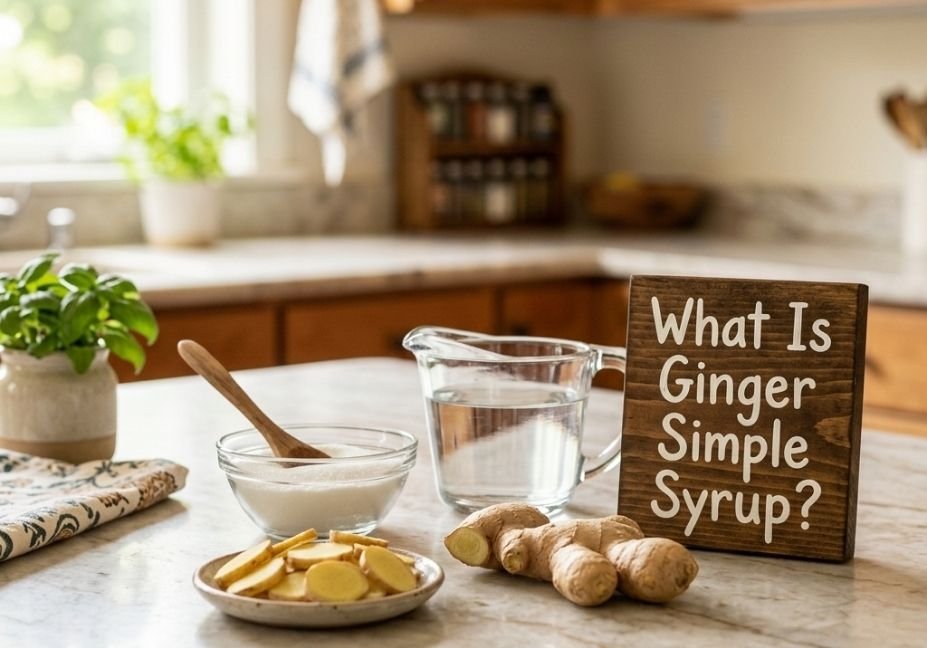 A light marble countertop layout showing sliced ginger root, a bowl of sugar, and a glass measuring cup of water next to a small wooden sign that reads "What Is Ginger Simple Syrup?".