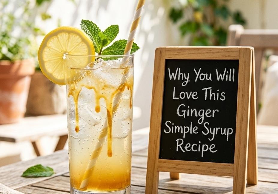 A tall glass of iced ginger lemonade garnished with a lemon slice and mint sprig next to a small wooden chalkboard sign displaying "Why You Will Love This Ginger Simple Syrup Recipe" on a sunny wooden patio table.