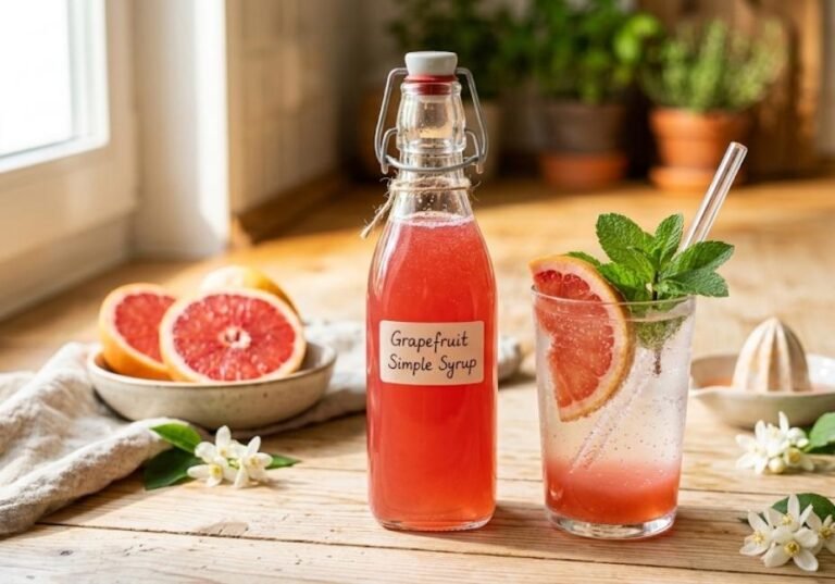 A bottle of homemade pink grapefruit simple syrup next to a tall glass of sparkling water garnished with a grapefruit slice and mint on a sunlit wooden countertop.