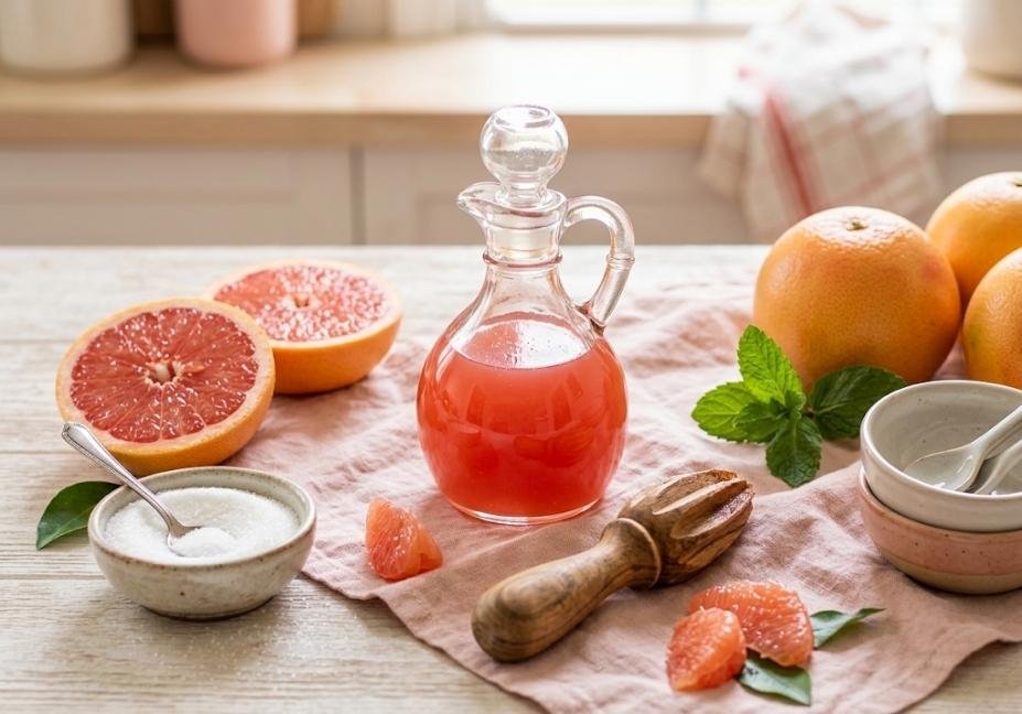 Fresh pink grapefruit halves, a small bowl of granulated sugar, and a wooden citrus reamer arranged around a vintage glass pitcher filled with pink syrup on a linen napkin.
