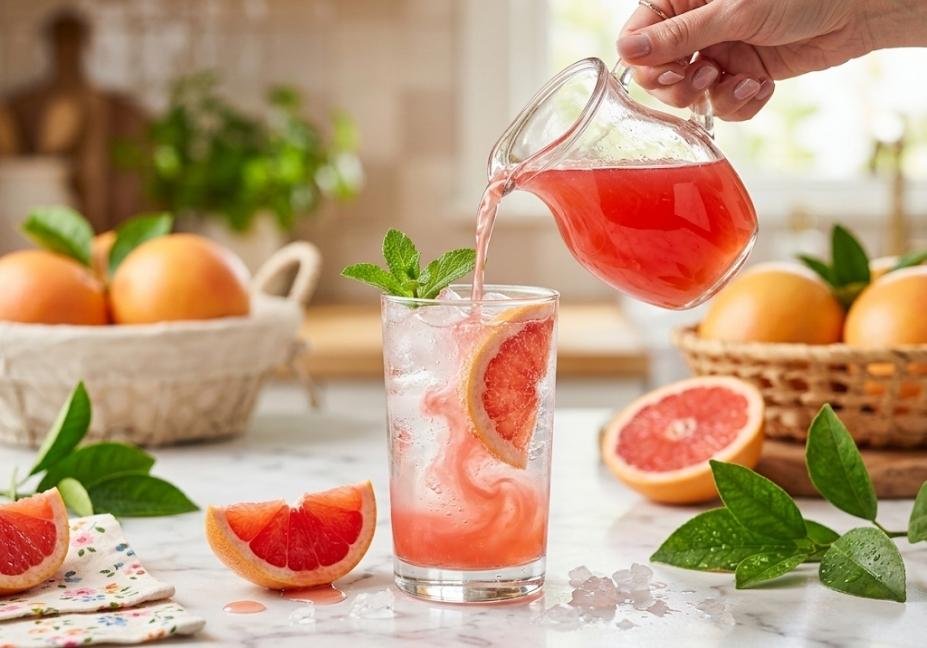 Homemade grapefruit simple syrup being poured from a vintage glass jug into a glass of iced sparkling water, creating a soft pink swirl on a marble surface.