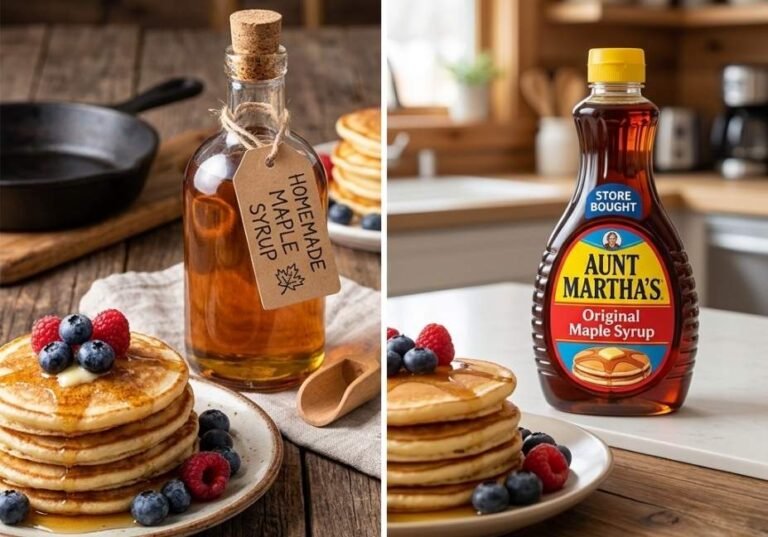 A side-by-side comparison image showing a glass bottle of amber homemade syrup with a handwritten label next to a pancake stack on a rustic wooden table on the left, and a commercial syrup bottle with a colorful brand label next to pancakes on a modern kitchen counter on the right.